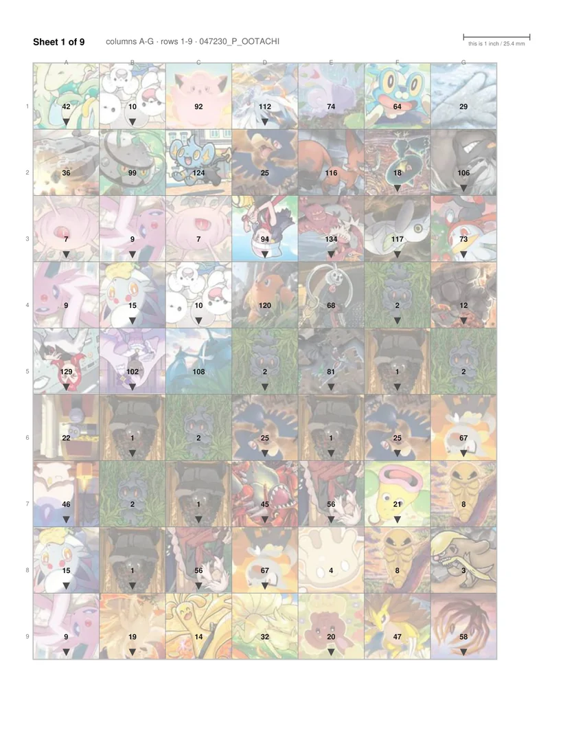 One sheet of the printable guide: a grid of faded card pictures, each square
             one inch, numbered, with an arrow where a card is turned