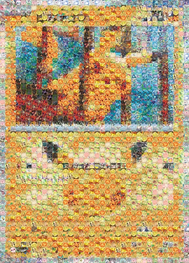The same Pikachu card rebuilt out of hundreds of Pokémon cards