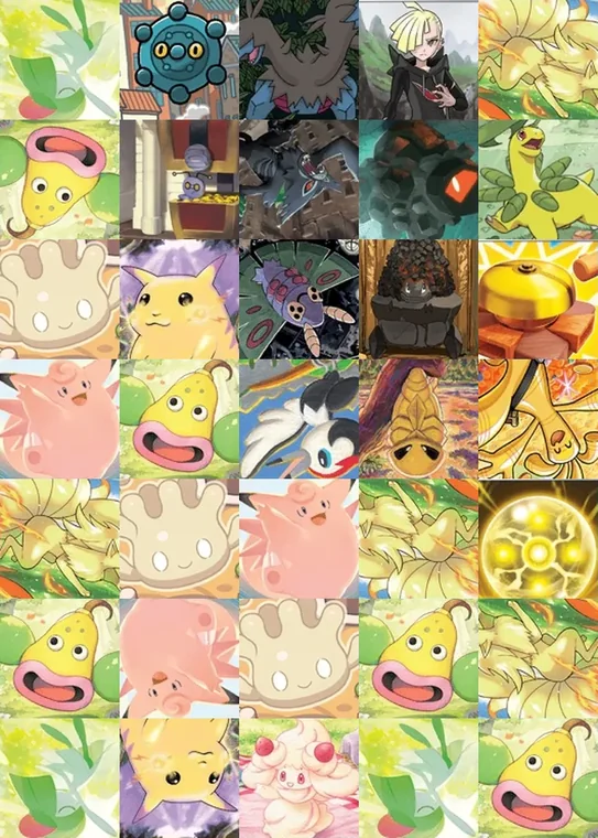 A close-up of 35 of those cards, each one a different Pokémon