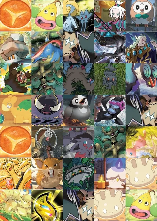 A close-up of 35 of those cards, each one a different Pokémon