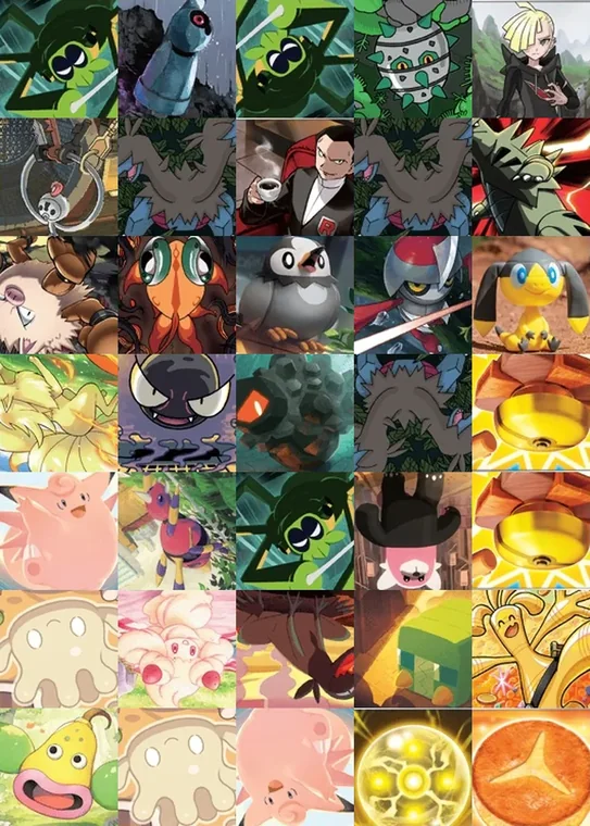 A close-up of 35 of those cards, each one a different Pokémon